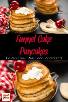 pancakes with whipped cream and cherries on top are shown in this recipe for funnel cake pancakes