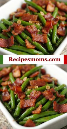 two pictures of green beans and bacon in a white dish on a granite countertop