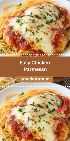two plates with chicken parmesan and spaghetti on them