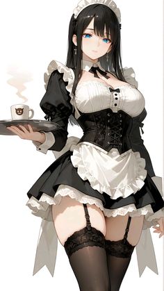 a woman dressed in black and white holding a tray with a coffee cup on it