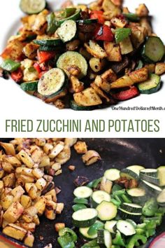 fried zucchini and potatoes in a skillet with text overlay that reads fried zucchini and potatoes