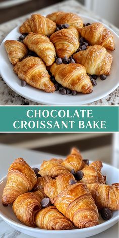 chocolate croissants on a white plate with the words, chocolate croissant bake
