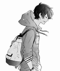 an anime character with a backpack on his back, looking down at something in the air