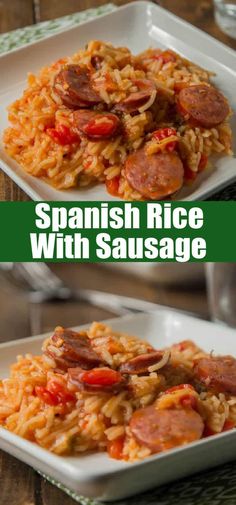 spanish rice with sausage and tomatoes is served on a white plate, ready to be eaten
