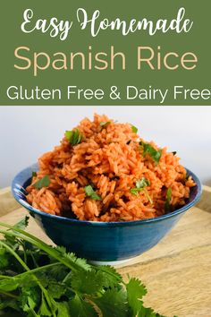 easy homemade spanish rice in a blue bowl with cilantro and parsley on the side