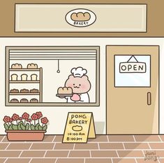 an open sign in front of a bakery with flowers on the counter and a teddy bear holding a piece of bread