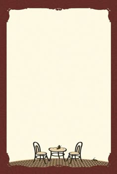 two chairs sitting at a table in front of a large white sheet with an ornate border