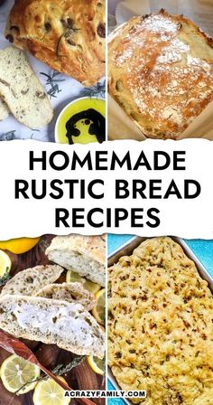 homemade rustic bread recipe collage with lemons and olives on the side,