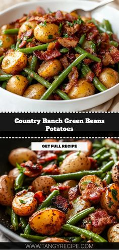 green beans and potatoes with bacon in a white bowl on a wooden table next to the words country ranch green beans