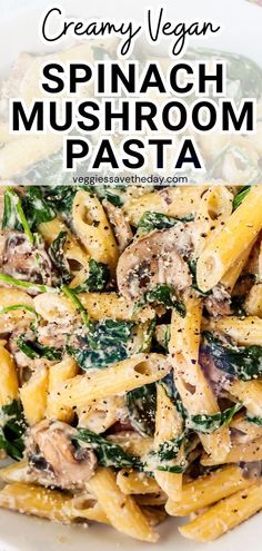 Raw cashews are the magical ingredient for making creamy Vegan Spinach Mushroom Pasta. Ready is 30 minutes, this dairy-free recipe also features vegan parmesan cheese. Dairy Free Recipes Pasta, Vegetarian Recipes No Dairy, Dairy Free Vegetarian Recipes, Mushroom Vegan Recipes, Healthy Mushroom Pasta, Vegetarian Spinach Mushroom Meal, Mushroom Pasta Recipes Vegan, How To Make Vegan Creamy Mushroom Pasta, Vegan Mushroom Spinach Pasta Salad