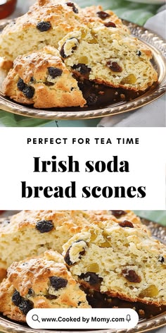 irish soda bread with raisins is cut into pieces and served on a platter