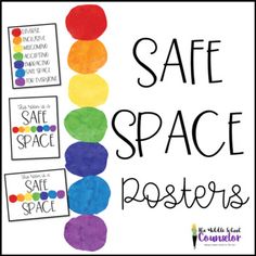 a poster with the words safe space roses and rainbows in black, white, and blue