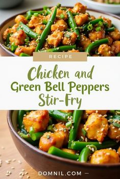 chicken and green bell peppers stir fry in a bowl