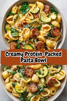two bowls filled with pasta and vegetables on top of a white table next to the words creamy protein - packed pasta bowl