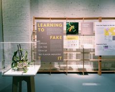 a display case with plants and information on it