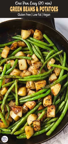 green beans and potatoes in a skillet with text overlay that reads, one pan easy go - to mini green beans and potatoes