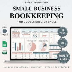 a laptop with the text instant business bookkeeping for google sheets and excel calendars