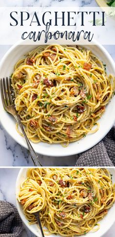 spaghetti with bacon and parmesan cheese in a white bowl on a marble counter top