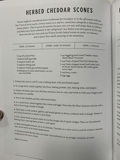 an open book with instructions on how to prepare for a cheddar scones