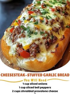 an advertisement for cheese steak stuffed garlic bread