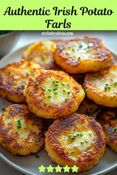potato cakes on a white plate with green sprinkles and text overlay