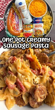 a white plate topped with pasta and meat covered in sauce next to a bowl of macaroni and cheese