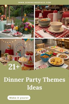 a collage of photos with the words dinner party themes ideas