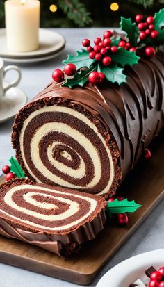 a chocolate christmas roll on a cutting board