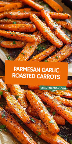parmesan garlic roasted carrots on a platter with the title overlay