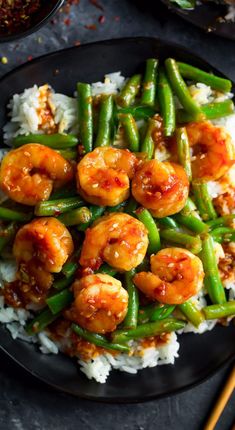 spicy shrimp with green beans over rice with extra sauce