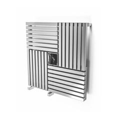 a white and black wall mounted radiator with an image of a man in the window