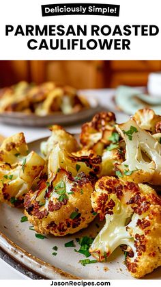 roasted cauliflower on a plate with parmesan cheese