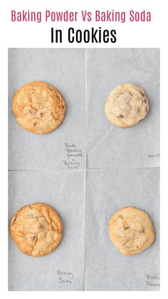 four cookies sitting on top of each other with the words baking powder vs baking soda in cookies