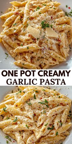 one pot creamy garlic pasta with parmesan cheese on top and the other side