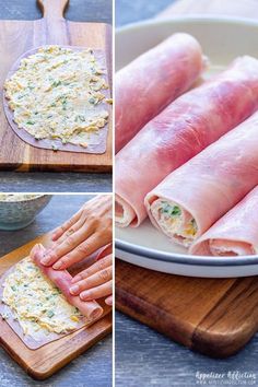 the process of making an egg roll with ham and cheese