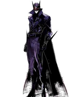 a drawing of a man in a purple suit and black cape standing on a white background