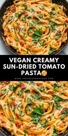 two pans filled with pasta covered in sauce and parmesan cheese, on top of