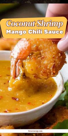 Tasty coconut shrimp with golden crunchy coat served with a small bowl of spicy mango chili sauce.