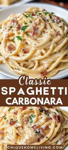 two plates of spaghetti with bacon and parmesan cheese on top, one plate is topped