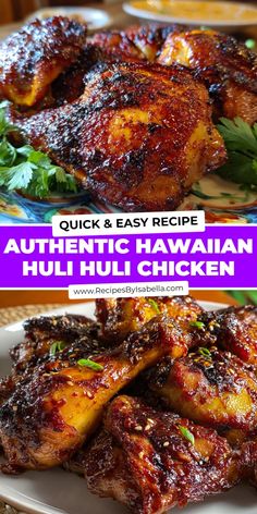 chicken wings with herbs on top and the words, quick & easy recipe authentic hawaiian hului chicken