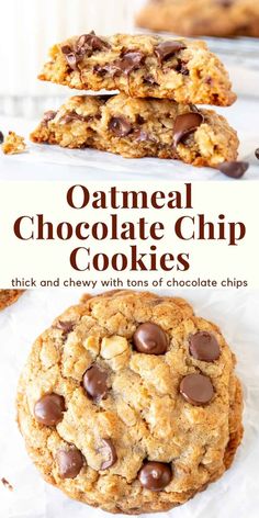 oatmeal chocolate chip cookies stacked on top of each other with text overlay