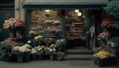 a flower shop with potted flowers in front of it