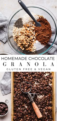 homemade chocolate granola recipe in a glass bowl with spoons and ingredients to make it