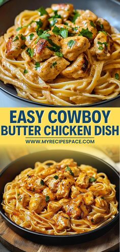 two plates with chicken and pasta on them