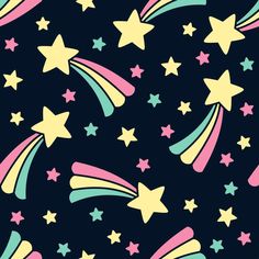 stars and rainbows on a black background with pink, blue, yellow and green colors