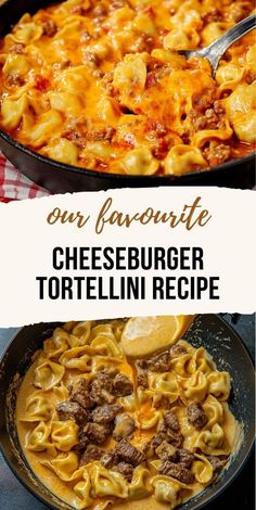 two pictures with the words our favorite cheeseburger tortelli recipe on them