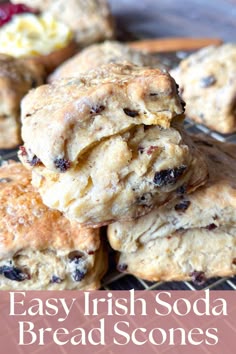 easy irish soda bread scones stacked on top of each other with text overlay
