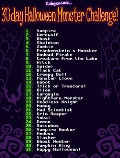 an image of a halloween monster challenge game screen with the words, 30 day halloween monster challenge