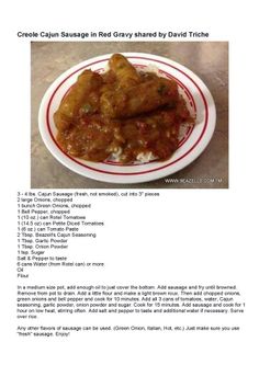 the recipe for crocke sausage stew by david triche is shown in red and white