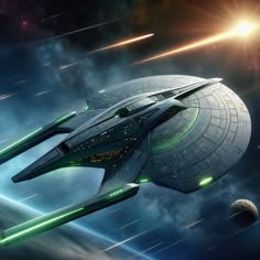 a space ship flying through the sky next to two planets